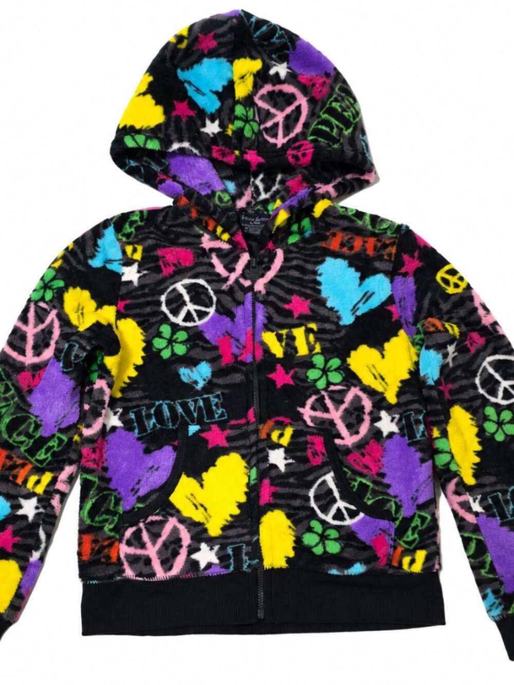 Faded Glory Girls Fleece Zip Hoodie Peace Love Hearts Size S 6-6X NWOT